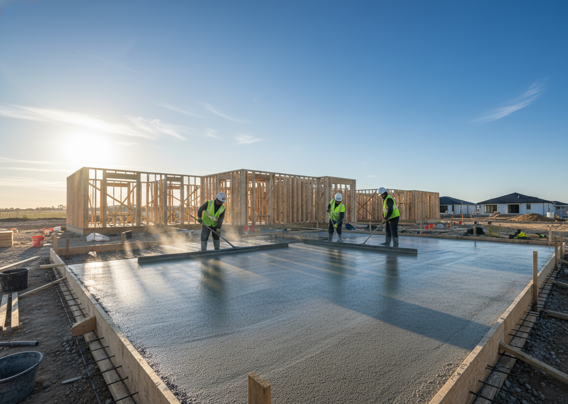 Newly poured concrete foundation for a house