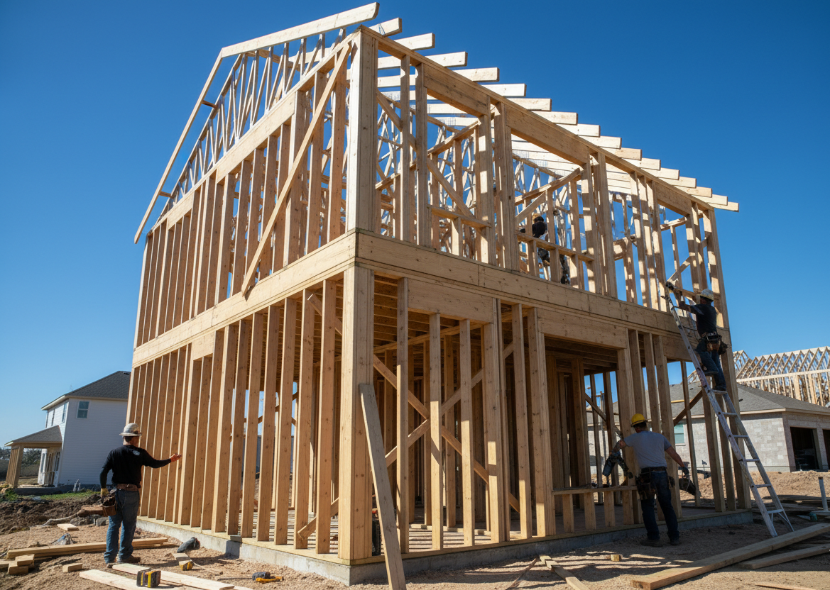 Wooden frame structure of a new house under construction