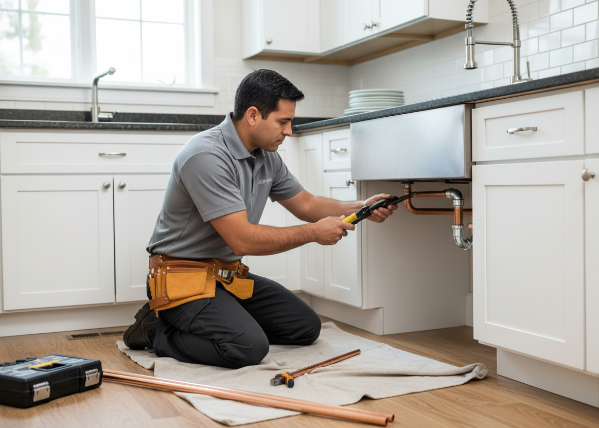 Plumber installing pipes under a sink