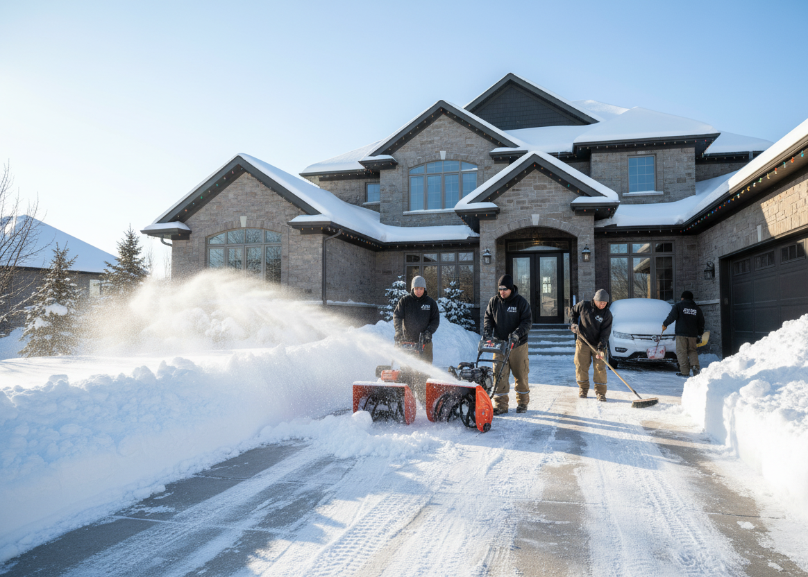 Professional team removing snow from a residential property